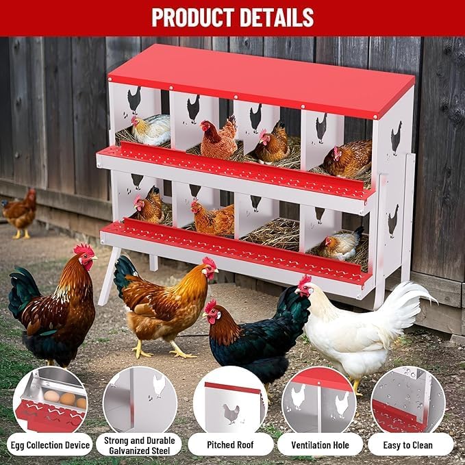 Chicken Nest Box, 8-Compartment Egg-Laying Box, Metal Hen House, Convenient for Collecting Eggs - Ventilated Poultry House Equipment - Suitable for Hens, Ducks Red,with Stand