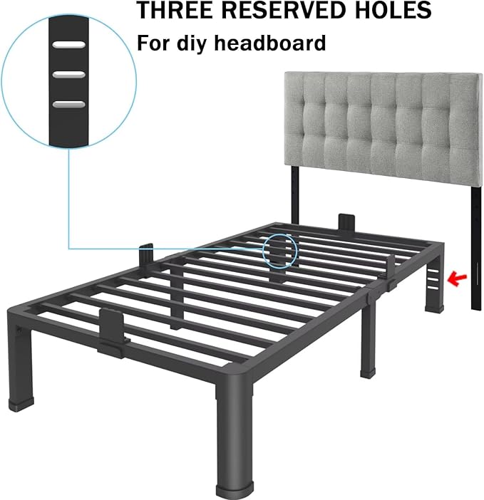 FUIOBYVV 16 Inch Twin XL Bed Frame with Rounded Corner and Headboard Hole Mattress Retainers 3500 LBS Metal Heavy Duty Steel Slats Support No Box Spring Needed Platform Noise Free Easy Assembly