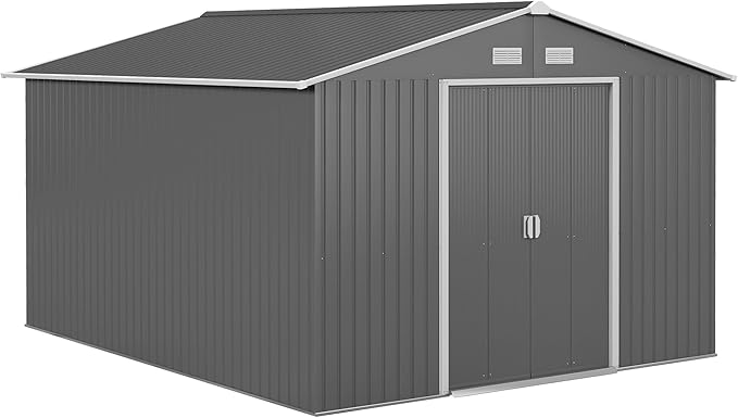 Outsunny 11' x 9' Outdoor Storage Shed, Garden Tool Metal Shed with Foundation Kit, Double Lockable Door, Air Vents and Sloping Roof, for Backyard, Patio, Lawn, Gray