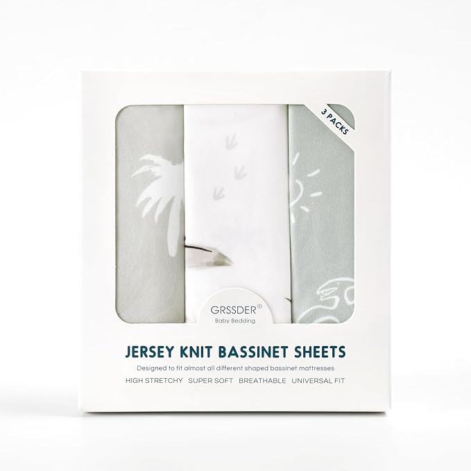 Ultra Soft Stretchy Jersey Knit Fitted Bassinet Sheets 3 Pack, Universal Fitted for Baby Cradle Moses Basket Oval Rectangle Mattress Safe and Snug, Bassinet Fitted Sheets for Boy, Dinosaur Print