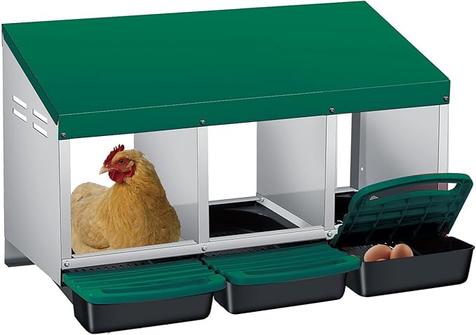 Chicken Nesting Boxes, Metal Rollaway Chicken Nest Box with Rollout Egg Collection, Removable Tray & Nesting Pads, Egg Laying Box for Chicken Coop Hens, Wall Mount or Standing, 3 Compartments, Green