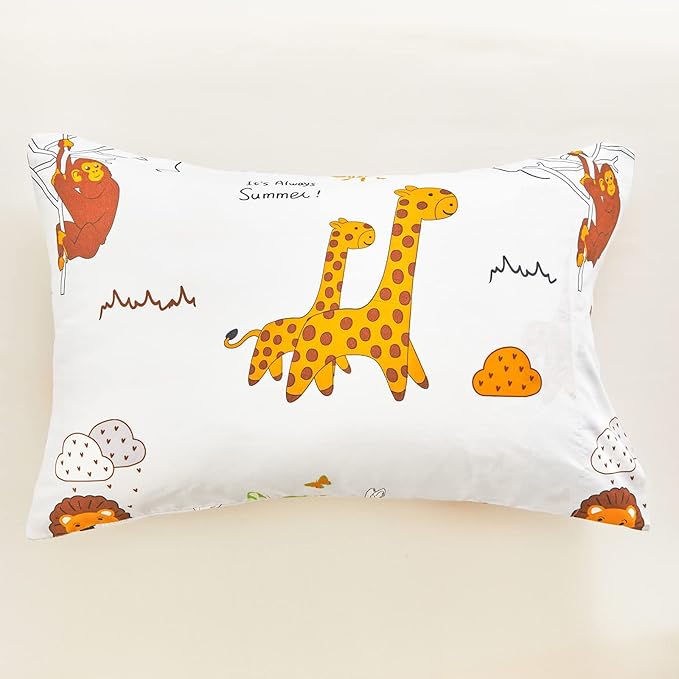 Flysheep 4 Piece White Toddler Bedding Set for Baby Girls and Boys, Cute Animals Printed - Includes Quilted Comforter, Flat Sheet, Fitted Sheet & Pillow Case, Soft Microfiber