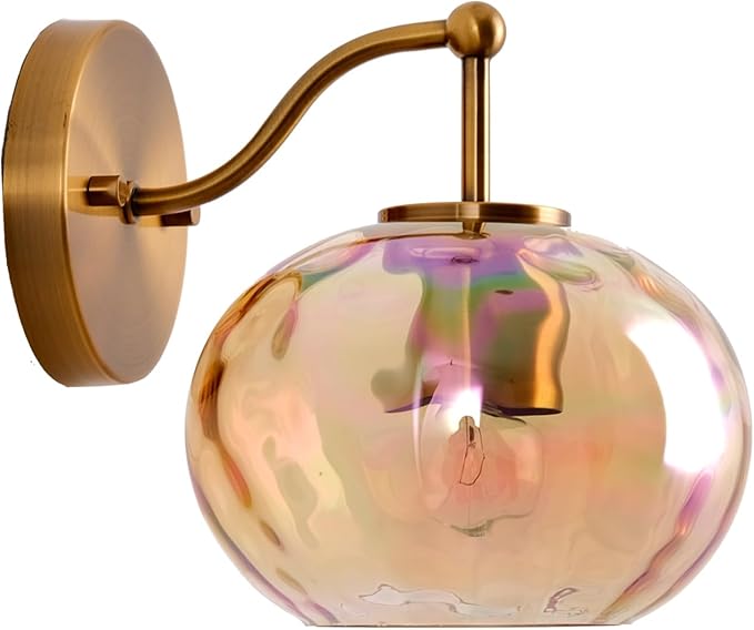 Gold Wall Sconce Light Amber Hammered Glass Vanity Lighting Brushed Brass