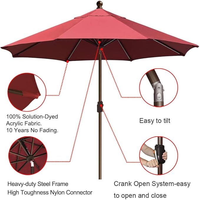 EliteShade USA 10-Year-Non-Fading 9Ft Market Umbrella Patio Umbrella Outdoor Table Umbrella with Ventilation, Burgundy