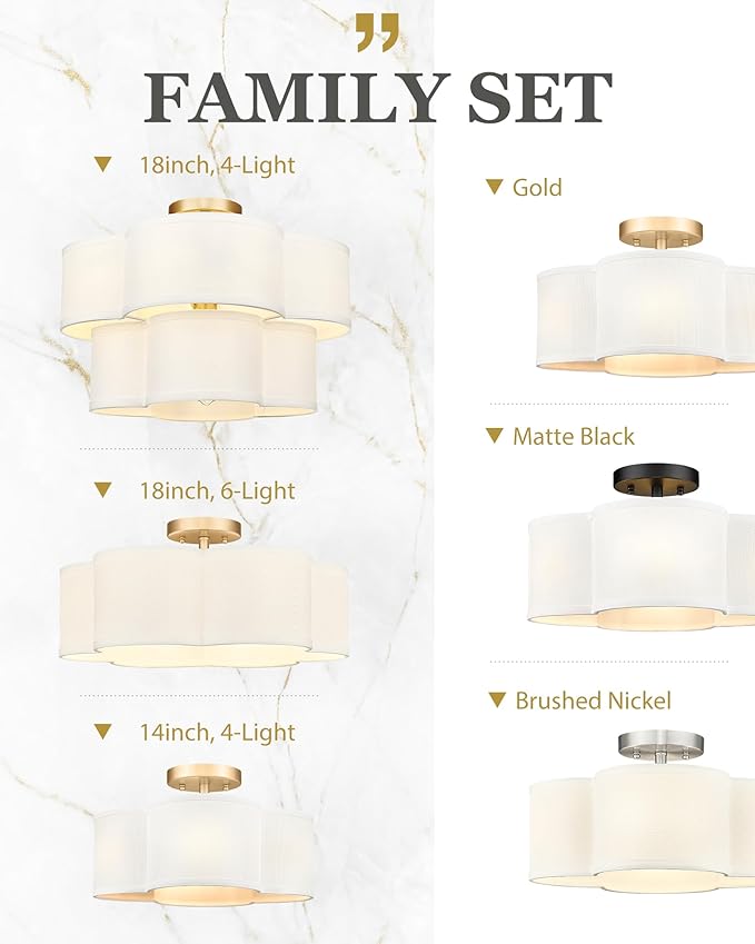 Gold Semi Flush Mount Ceiling Light, 5-Light 18" Ceiling Light Fixtures