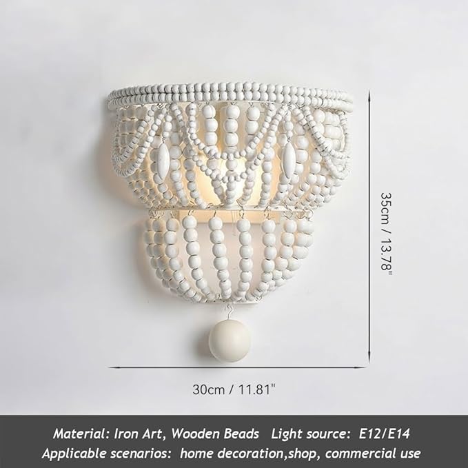 Boho Wood Bead Wall Sconce, Hand-Woven Double Layer White Wooden Beaded Wall