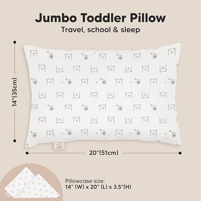 KeaBabies Toddler Pillow with Pillowcase, Jumbo 14X20 - Soft Organic Cotton Toddler Pillows for Sleeping - Machine Washable - Perfect for Travel, Toddler Bed Set (Bumble Bear)