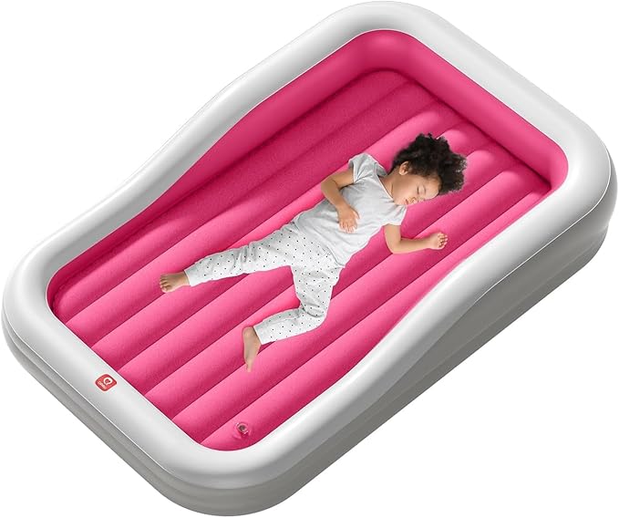 QPAU Inflatable Toddler Travel Bed with 3-Sided Safety Bumpers, Extra Large Kids Air Mattress, Includes Detachable Mattress, Portable for Camping, Travel, Home Use (Red)