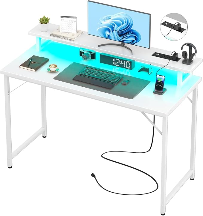 Computer Desk with USB Power Outlets and LED Lights, 47 inch Gaming Desk with Monitor Stand for Small Space Home Office, Modern Simple Study Writing Table PC Desks, White