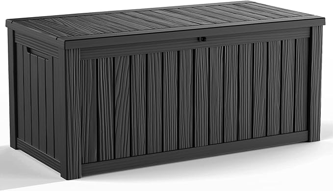 150 Gallon Waterproof Outdoor Storage Box, UV Resistant Resin Deck Box with Hydraulic Rod for Reinforced Stability, Perfect for Patio, Garden, and Pool, Striped Black