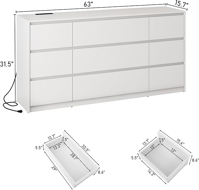 White Malm Dresser for Bedroom, 63 Inch Long 9 Drawers Dresser with Charging Station, Modern Large Wood Chest of Drawers Handle Free for Bedroom, Living Room, Entryway, Hallway, White