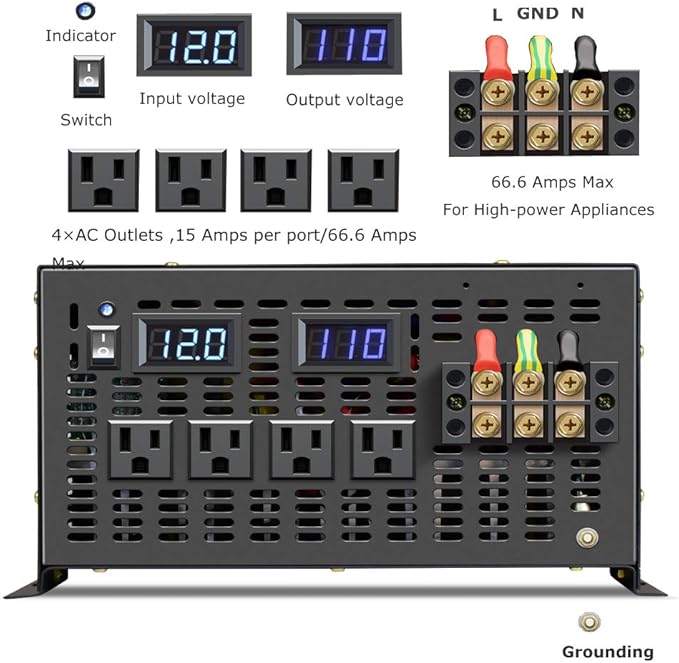 WZRELB 8000W 12V AC to 120V DC Pure Sine Wave Solar Power Inverter - RV, Camping, Solar System