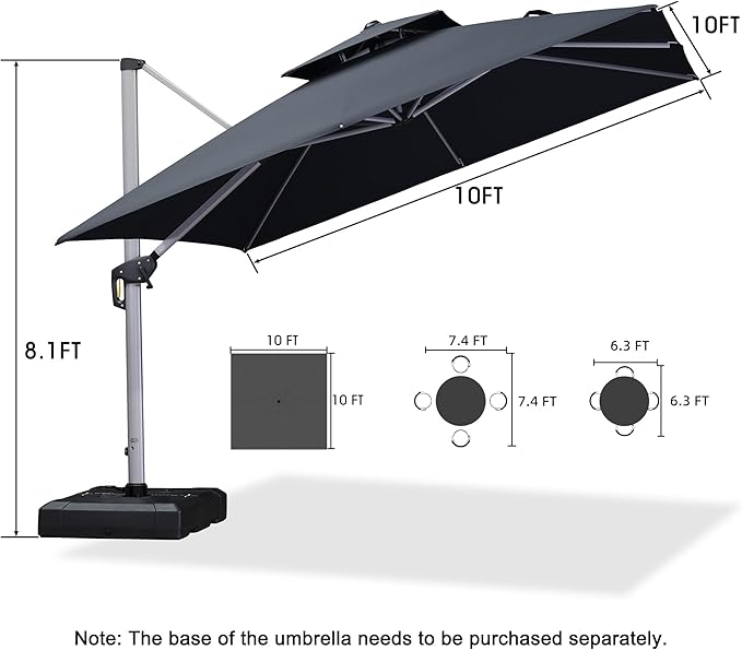 PURPLE LEAF 10ft Patio Umbrella Outdoor Square Umbrella Large Cantilever Umbrella Windproof Offset Heavy Duty Sun for Garden Deck Pool Patio, Grey