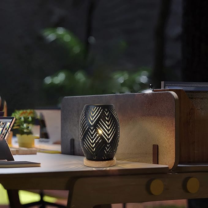 OuXean Bedside Table Lamp, Small Night Light Metal Lampshade and Wood Base
