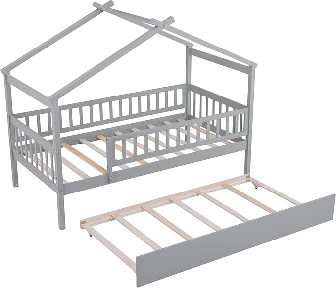 Twin House Bed with Trundle, Kids Twin Platform Bed Frame with Rails and Roof, Tent Bed, Wood Playhouse Bed Twin Montessori Bed for Kids Teens Girls & Boys, No Box Spring Needed (Gray)