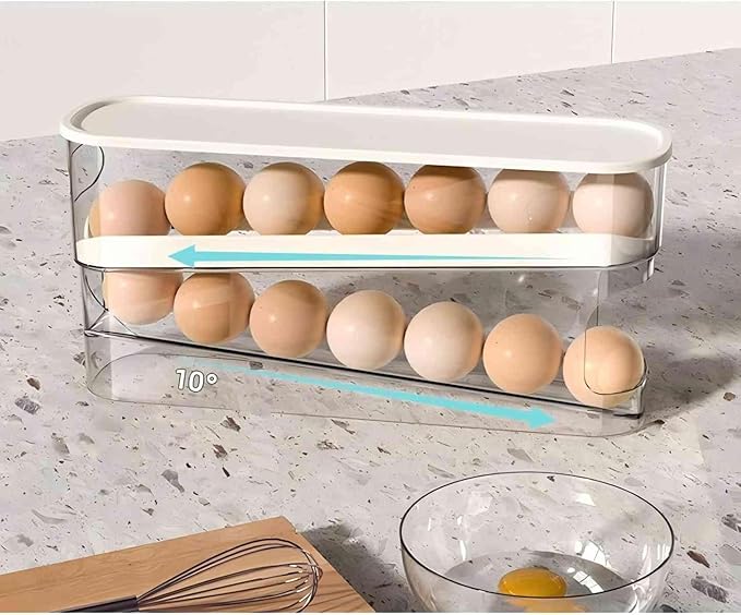 Auto Rolling Egg Holder for Fridge, Egg Dispenser/Organizer/Storage/Container with Lid for Refrigerator, Sturdy and Durable Space-Saving Egg Tray for 12 Large Eggs