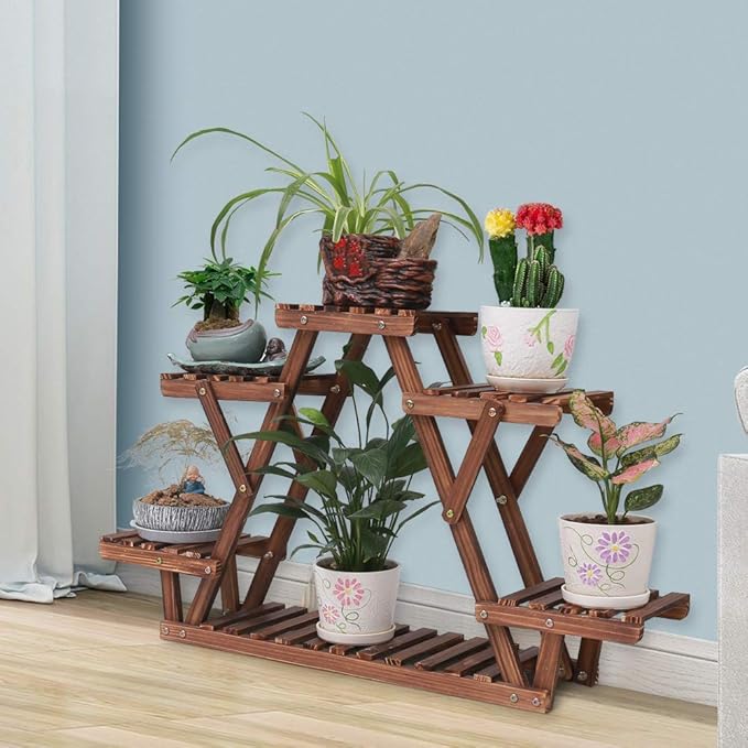 Ufine Wood Plant Stand Triangular Plant Shelf Multi Tier Flower Display Holder Storage Rack 6 Pots for Indoor Outdoor Living Room Balcony Patio