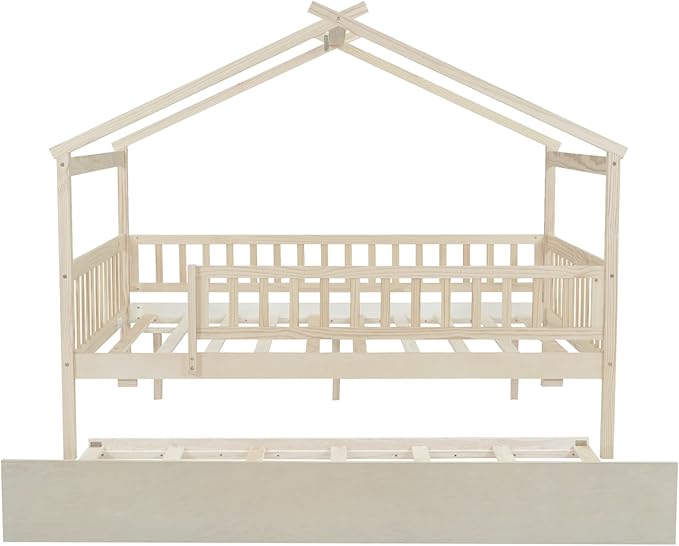 Harper & Bright Designs Full House Bed with Trundle, Kids Platform Frame Rails and Roof, Tent Bed, Wood Playhouse Montessori for Teens Girls Boys, No Box Spring Needed (Natural)