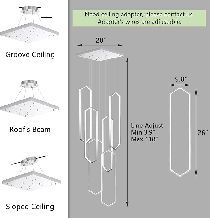 6 Rings Modern Chandelier LED Dimmable Long Large High Ceiling Chandelier