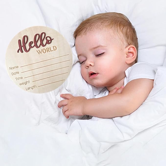 Baby Announcement Sign, 5.9 Inch Wooden Hello World Newborn Signs, Birth Announcement Sign, Baby Shower Hospital Nursery for Newborn Boys and Girls (Tea Red,Pen)