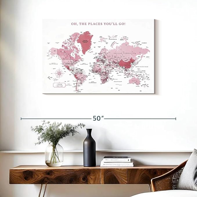 ElephantStock - Places You'll Go Push Pin World Map Wall Art - Horizontal Canvas Wall Art - Living Room Wall Decor - Digital Art Map Canvas Art - White And Pink Decor - 36" x 24"