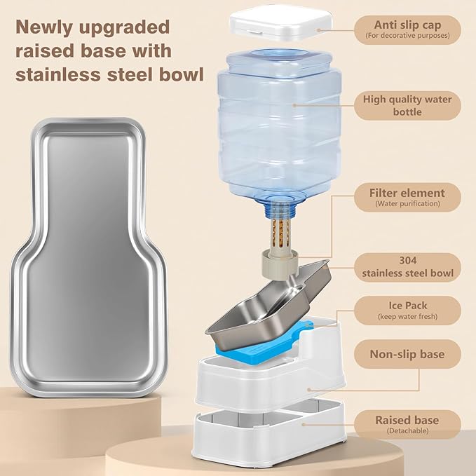 1.6 Gallon Pet Automatic Dog Water Dispenser Cat Gravity Waterer Feeder with Stainless Steel Bowl Large Capacity Puppy Feeding Raised Bowls with Filter,Ice Pack (White, 6L(1.6 Gallon))