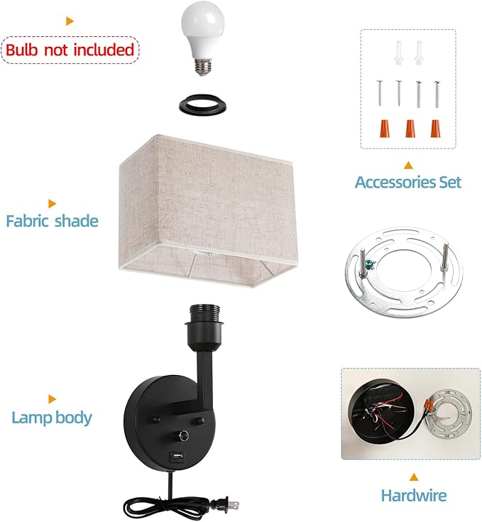 Plug in Wall Sconce with Dimmer Switch and USB Port，9.5“Rectangular Linen