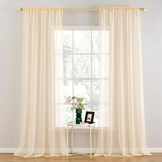 MIULEE 2 Panels Solid Color Sheer Window Curtains Elegant Window Voile Panels/Drapes/Treatment for Bedroom Living Room (54 X 120 Inches Cream Beige)