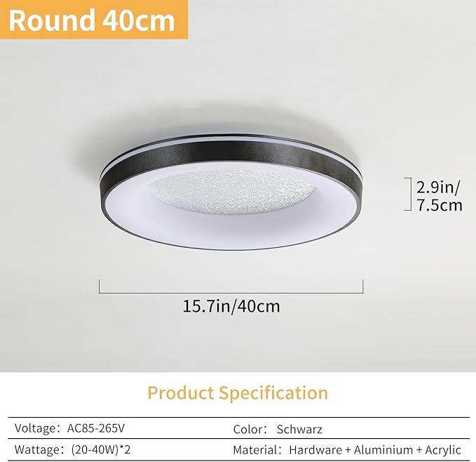 LED Flush Ceiling Light, 15in Black Round Ceiling Light Dimmable
