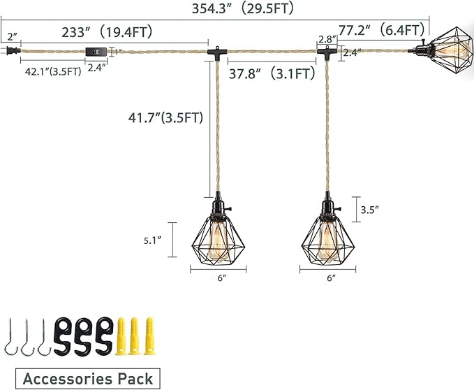 3-Light Hanging Light with Plug in Cord, Plug in Pendant Light 22ft Hemp Rope