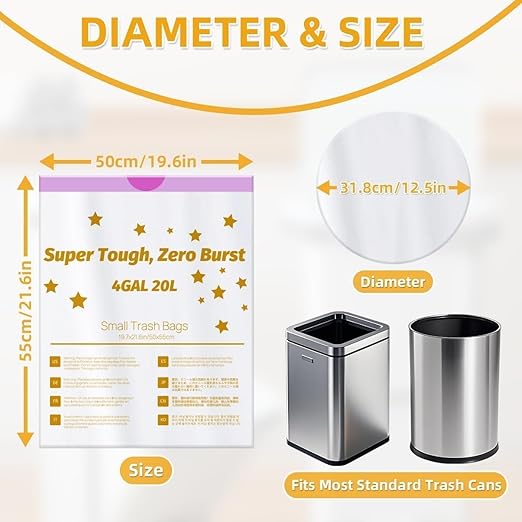 OKKEAI 4 Gallon Small Tear-Free Drawstring Trash Bags, White Bathroom Garbage Bags 60 Count – Heavy Duty Leak-Proof Wastebasket Liners with Safety Warning for Bathroom, Kitchen, Bedroom, Office