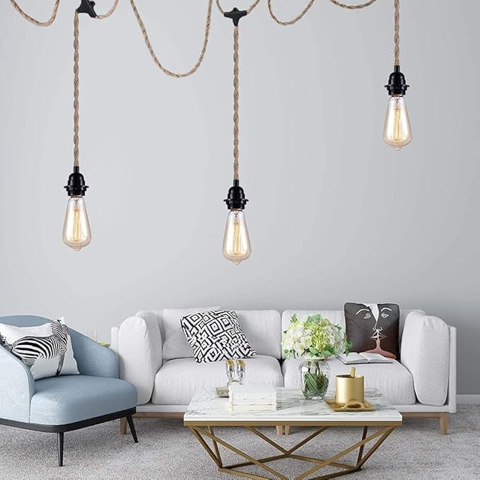 3-Light Hanging Light with Plug in Cord, Plug in Pendant Light 22ft Hemp Rope