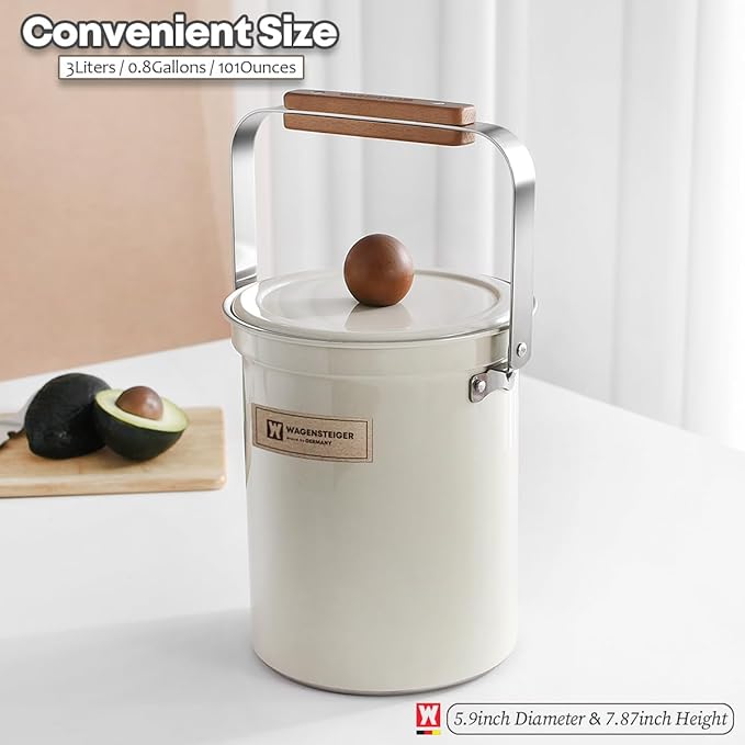Kitchen Countertop Compost Bin 101ounces / 3Liters, Airtight Lid SUS304 Stainless Steel Odor-Free Food Waste Bin with Wooden Handle Stylish Design/Bathroom Trash Can (White)