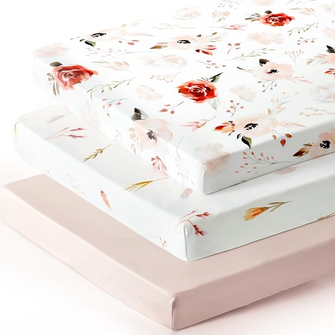 Pack n Play Sheets Fitted 3 Pack, Stretchy Ultra Soft Jersey Knit Pack and Play Sheets, Universal Fitted Portable/Mini Crib Mattresses Snug and Safe, Pretty Watercolor Rose Flora for Baby Girls