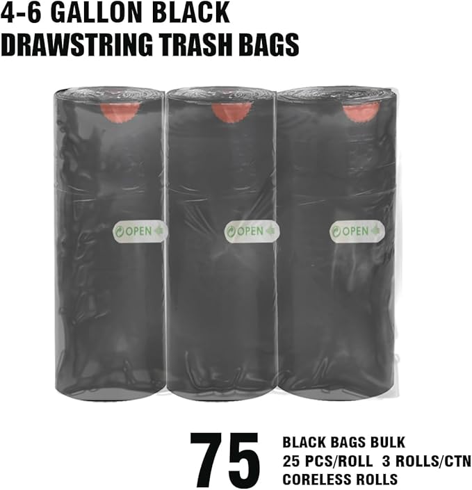 4-6 Gallon Trash Bags Drawstring, 75 Count Bulk, Black & Unscented Multi-purpose Garbage Bags for Business Home Bathroom Kitchen Commercial and Industrial