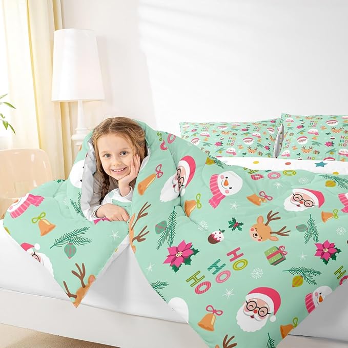 Feelyou Christmas Decor Bedding Set Soft for Boys Girls, Happy New Year Comforter Set Queen Size Santa Claus Duvet Quilt Microfiber Bedroom Decor 3 Pcs with 2 Pillow Cases