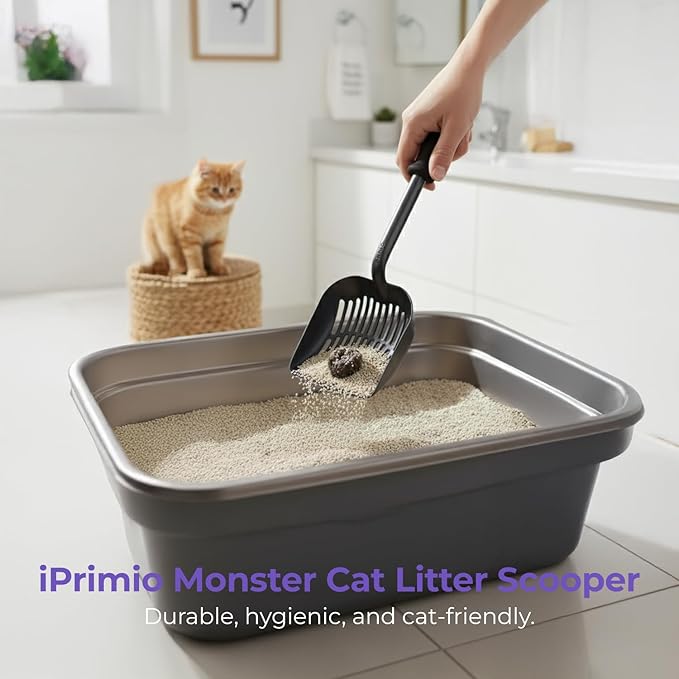 iPrimio Monster Cat Litter Scooper with 17 Inch Long Handle and Soft Grip - Sturdy Extra Large Deep Shovel Scoop - Cat Litter Scoop for Sore Hands - Kitty Litter Box Accessory