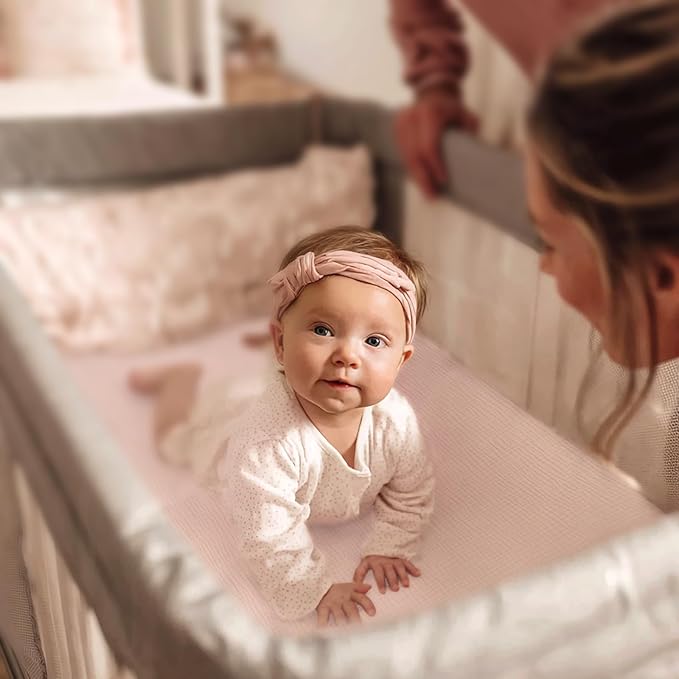 lulumoon Pack and Play Sheets for Girls: Soft Muslin Cotton for Playard Mattress - Stretchy Snug Fit for UPPAbaby Pack n Play