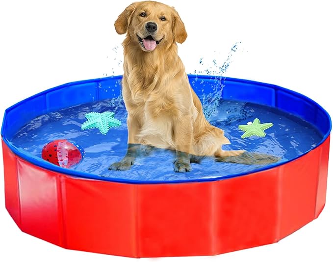 Foldable Pet Dog Kids Swimming Pool(32'' x 8''),Plastic Anti-Slip PVC Bathing Tub Swimming Pool Durable Fiberboard Kiddie Pool Red
