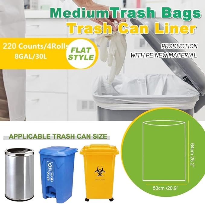 SWIHELP Medium Garbage Bags 8 Gallon /30 Liter Trash Bags Wastebasket Bin Liners Plastic Trash Bags for Bathroom Bedroom Office Trash Can 220 Count