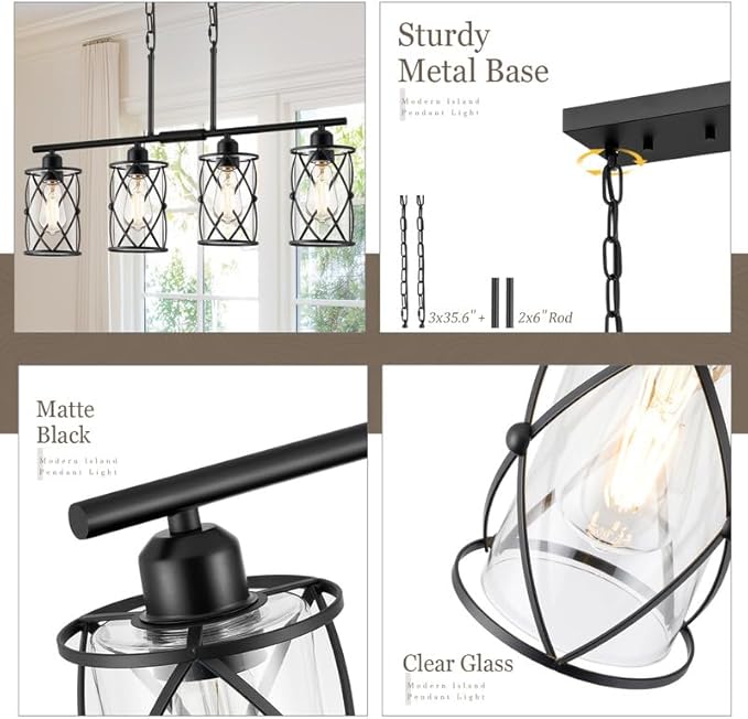 4-Light Kitchen Island Lighting, Modern Black Dining Room Light Fixtures