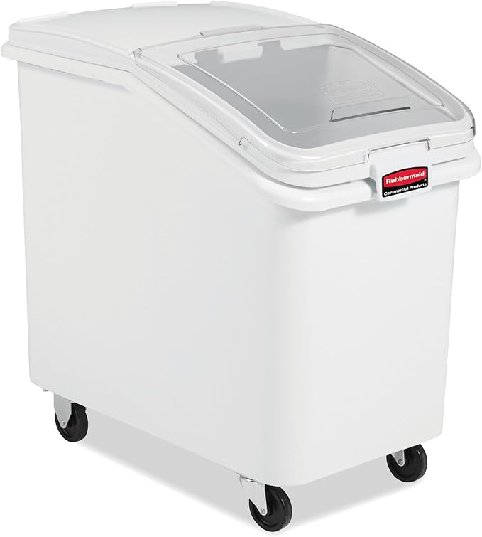 Rubbermaid Commercial Products ProSave Shelf-Storage Ingredient Bin With Scoop, 600-Cup capacity, Plastic, White, Sliding Lid, Container with Wheels for Kitchen/Restaurant Food Organization