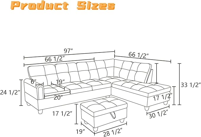 L Shaped Sectional Couch with Otttoman, 97" Leather Sectional Sofa for Living Room Modular Couches with Cup Holders for Bedroom, Apartments, Brown