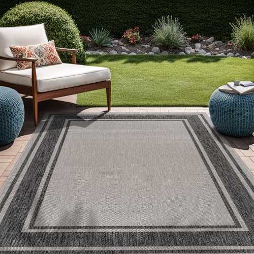 Outdoor Rug 5x7 Modern Bordered Area Rugs for Indoor and Outdoor Patio Deck Porch Garden Waterproof Weather Sun Resistant Washable Outside Carpet (35 Sq Ft)