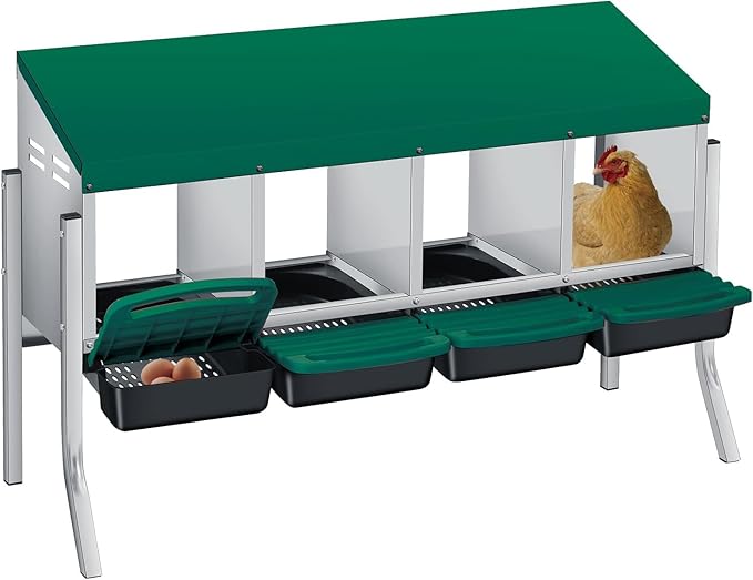 4-Hole Chicken Nesting Boxes for Farm,Corrosion-Resistant Metal Nesting Boxes with Egg Collection Tray,Wall Mount/Freestanding Poultry Laying Boxes for Chicken Coops and Hens,Green