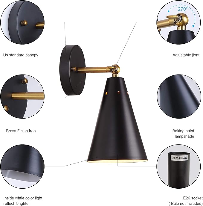 MWZ Modern Black Wall Sconces Lighting, 2 Pack Gold Rustic Lamp Fixture
