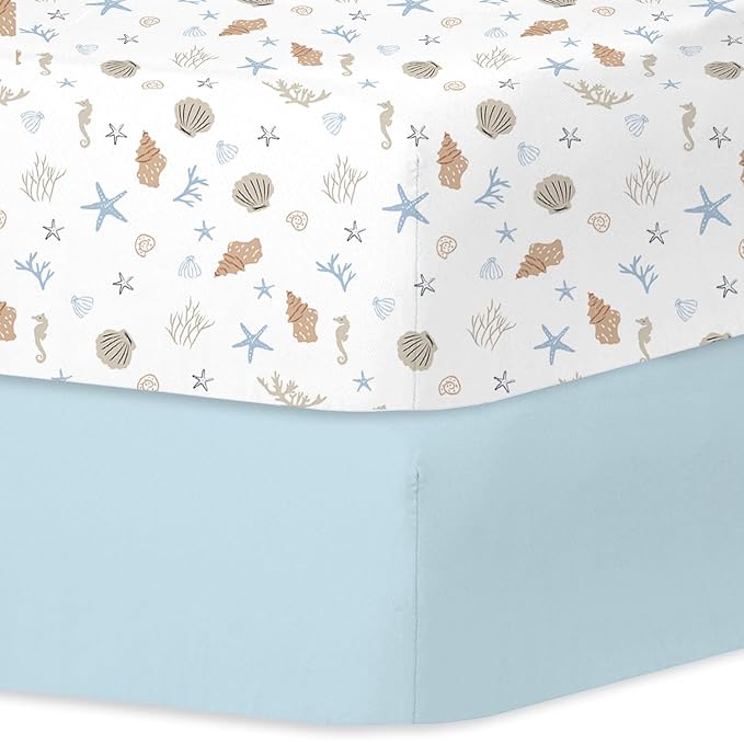 Little Grape Land Crib Sheets for Boys, 2-Pack Soft Microfiber Fitted Baby Crib Mattress Sheets – Breathable, Oeko-TEX Certified, Fits Standard Crib and Toddler Bed (Shells & Blue)