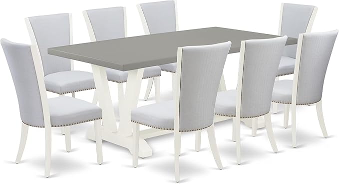 East West Furniture V097VE005-9 9 Piece Modern Dining Table Set Includes a Rectangle Wooden Table with V-Legs and 8 Grey Linen Fabric Upholstered Chairs, 40x72 Inch, Multi-Color