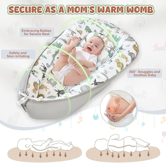 JIFTOK Baby Nests Lounger for Newborn, Snuggle Sleeping Bassinet for 0-24M, Breathable Portable Co Sleeping Bed, Baby Essentials Adjustable Infant Soft Cotton Loungers for Home & Travel -Zoo