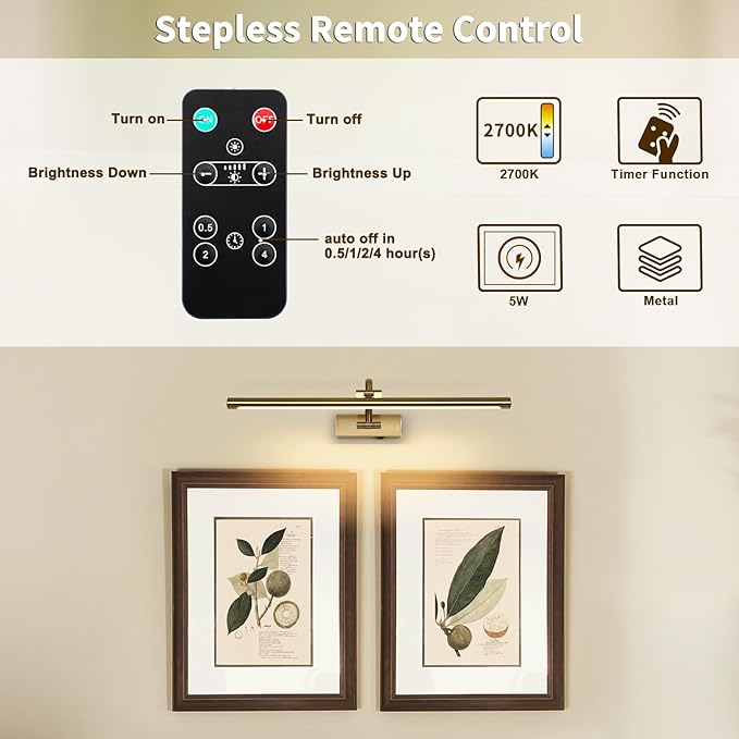 Wireless Picture Lights with Remote and Timer Rechargeable Brass Gallery
